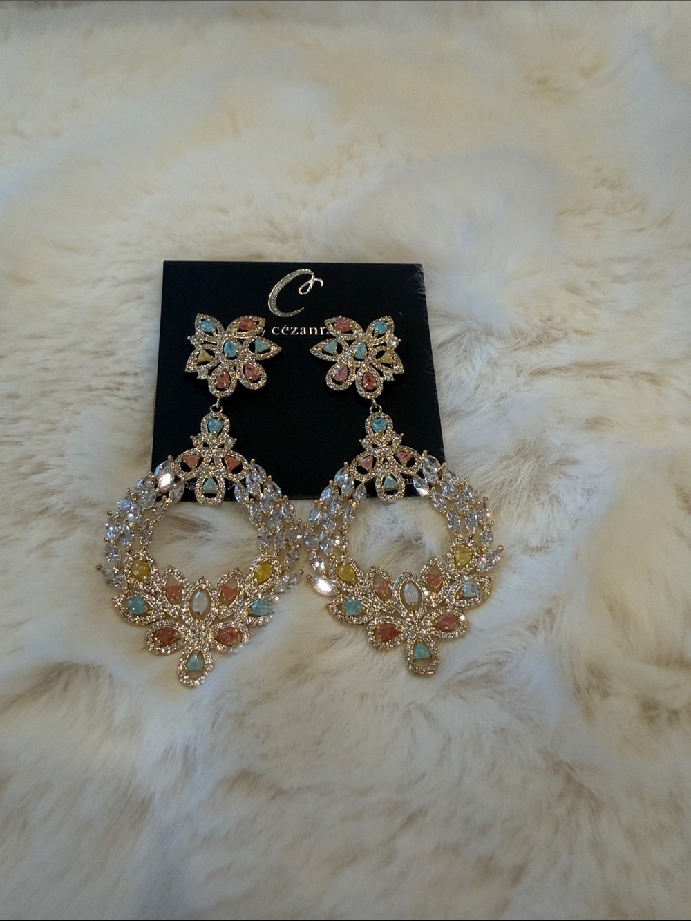 Cezanne Pastel Crystal Floral Chandelier Statement Drop Earrings Gold Tone NWT